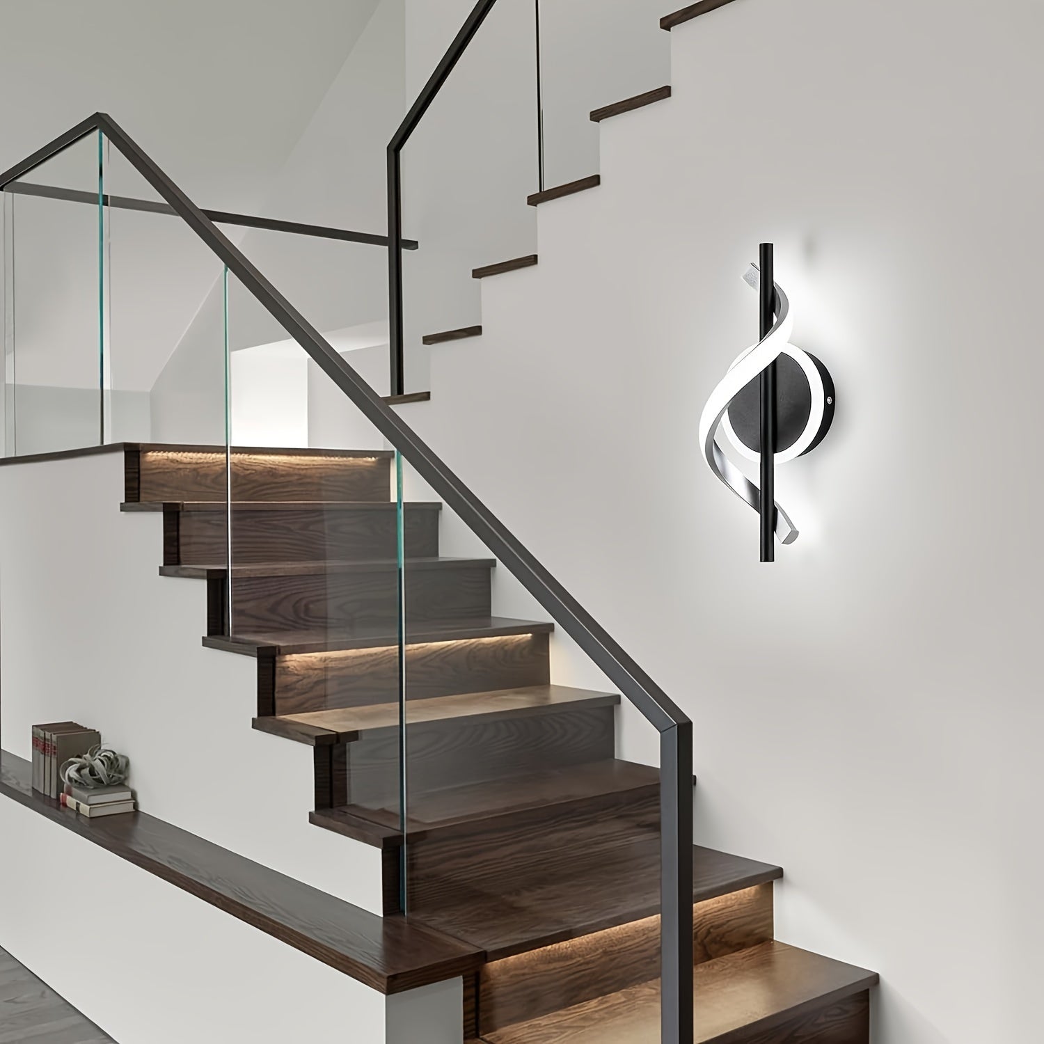 Modern Spiral LED Wall Sconce, 12W Cool White & Black Design, Sleek Minimalist Decorative Light for Bedroom, Stairs, Living Room, Hallway, and Corridor, Aesthetic Room Decor - Sparks