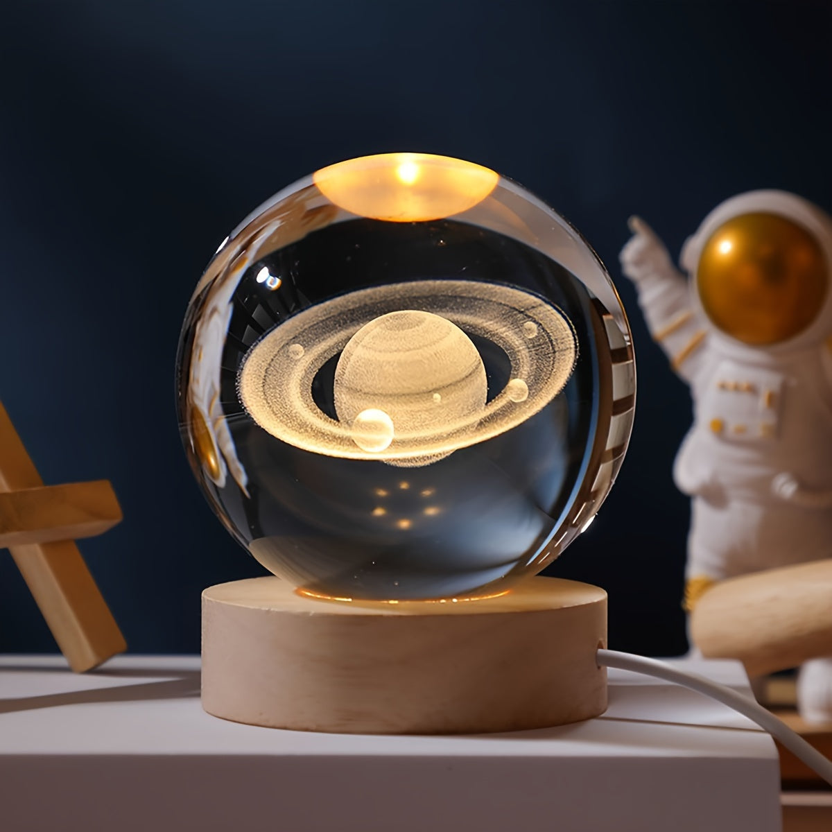 Galaxy Inspired 3D Laser Engraved Saturn 6cm Ball + Round Wooden Base