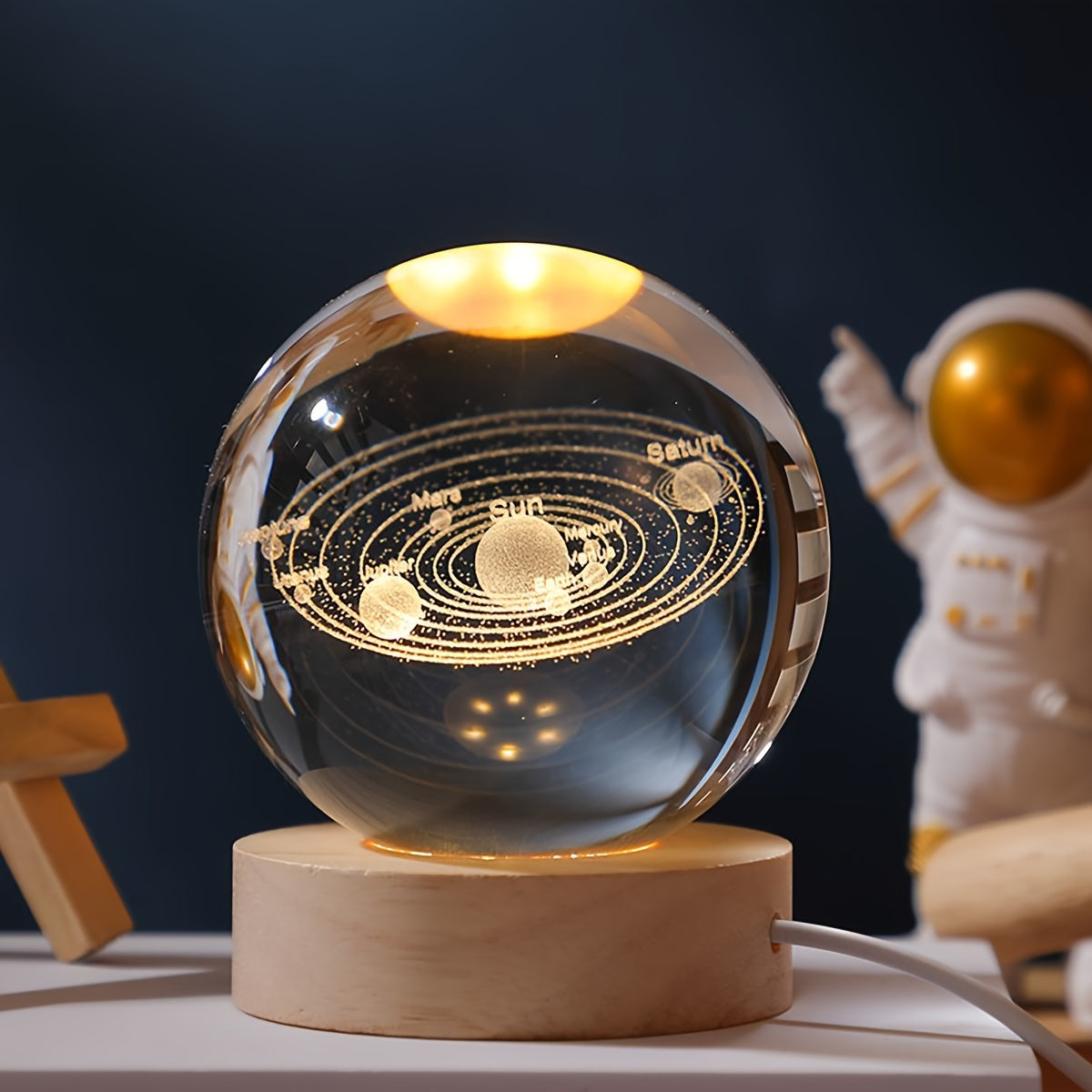 Galaxy Inspired 3D Laser Engraved Solar System 6cm Ball + Round Wooden Base